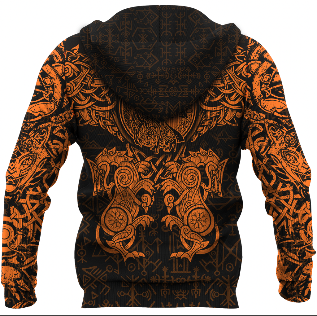 Viking Clothing Viking Dragon and Wolf Tattoo Orange Zip Hoodie RLT12 - Wonder Print Shop