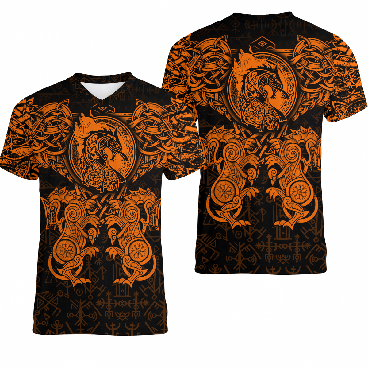 Viking Clothing Viking Dragon and Wolf Tattoo Orange V neck T shirt RLT12 - Wonder Print Shop