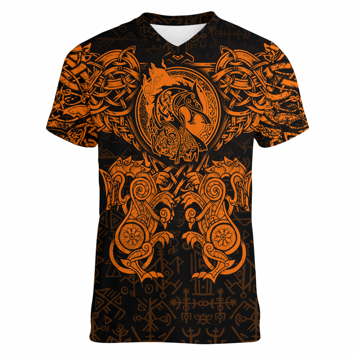 Viking Clothing Viking Dragon and Wolf Tattoo Orange V neck T shirt RLT12 - Wonder Print Shop