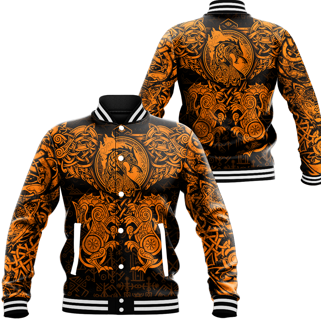 Viking Clothing Viking Dragon and Wolf Tattoo Orange Baseball Jacket RLT12 - Wonder Print Shop