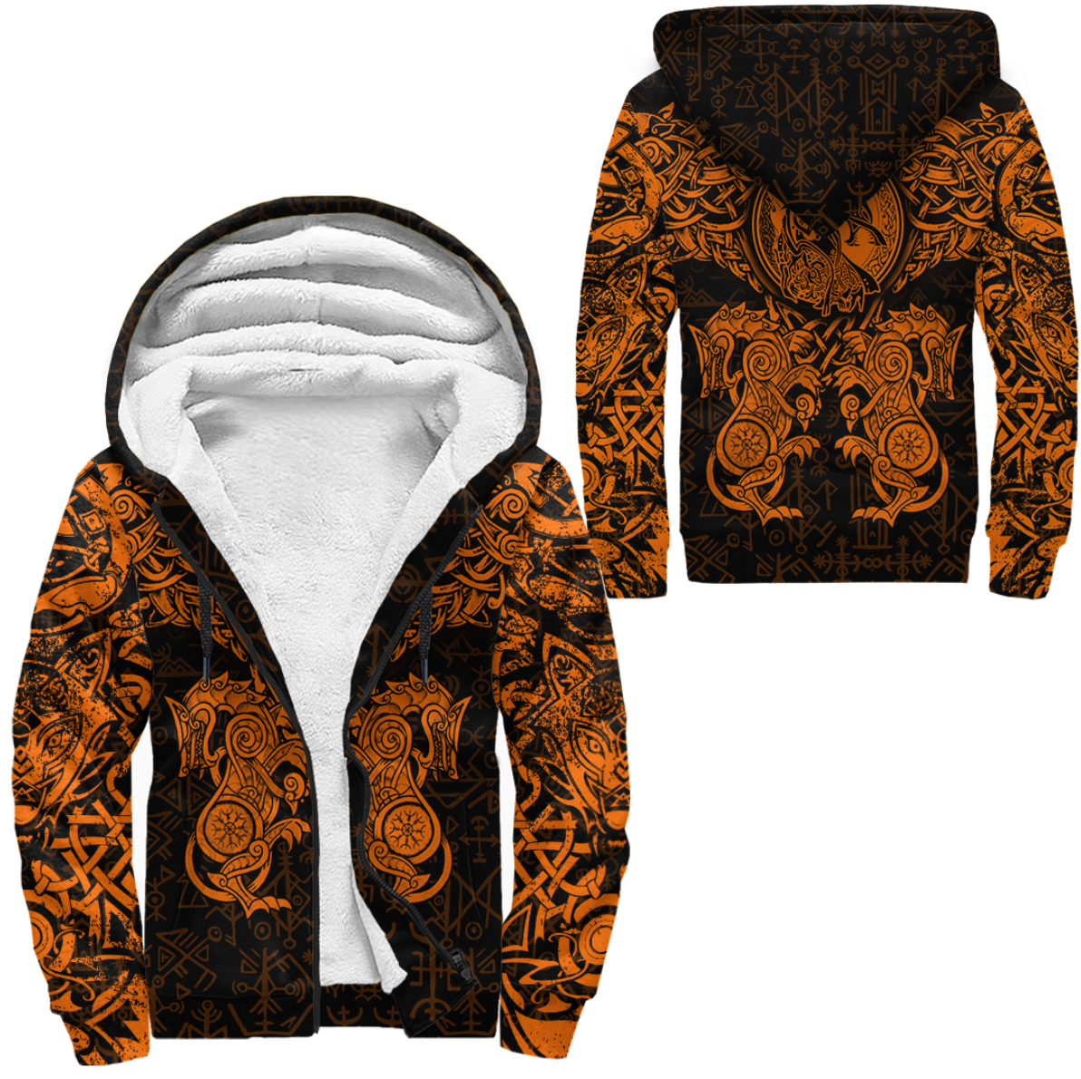 Viking Clothing Viking Dragon and Wolf Tattoo Orange Sherpa Hoodie RLT12 - Wonder Print Shop