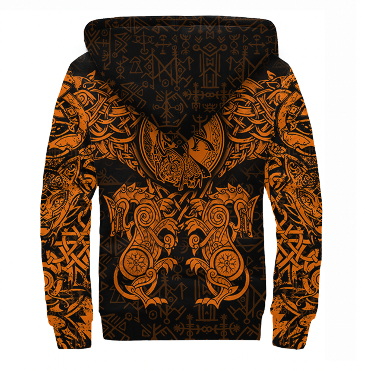 Viking Clothing Viking Dragon and Wolf Tattoo Orange Sherpa Hoodie RLT12 - Wonder Print Shop