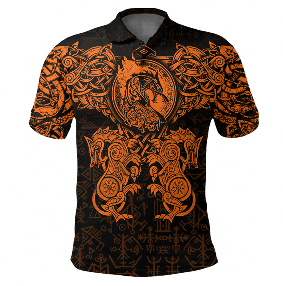 Viking Clothing Viking Dragon and Wolf Tattoo Orange Polo Shirt RLT12 - Wonder Print Shop