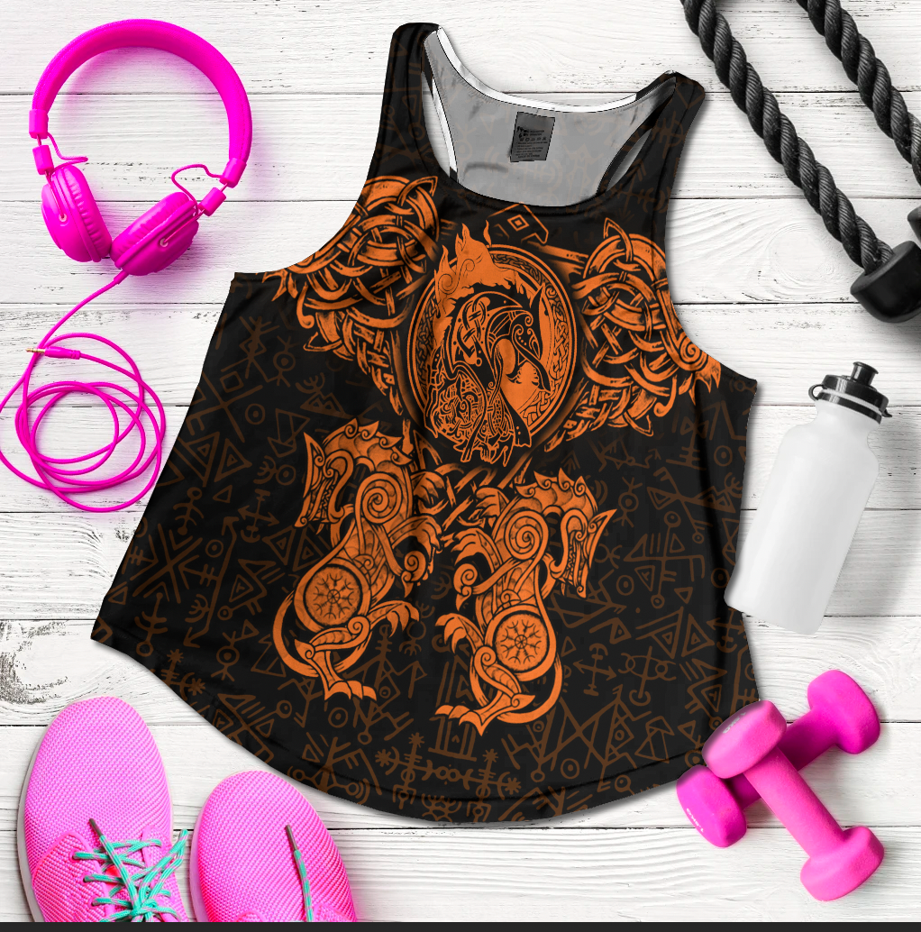 Viking Clothing Viking Dragon and Wolf Tattoo Orange Women's Racerback Tank RLT12 - Wonder Print Shop