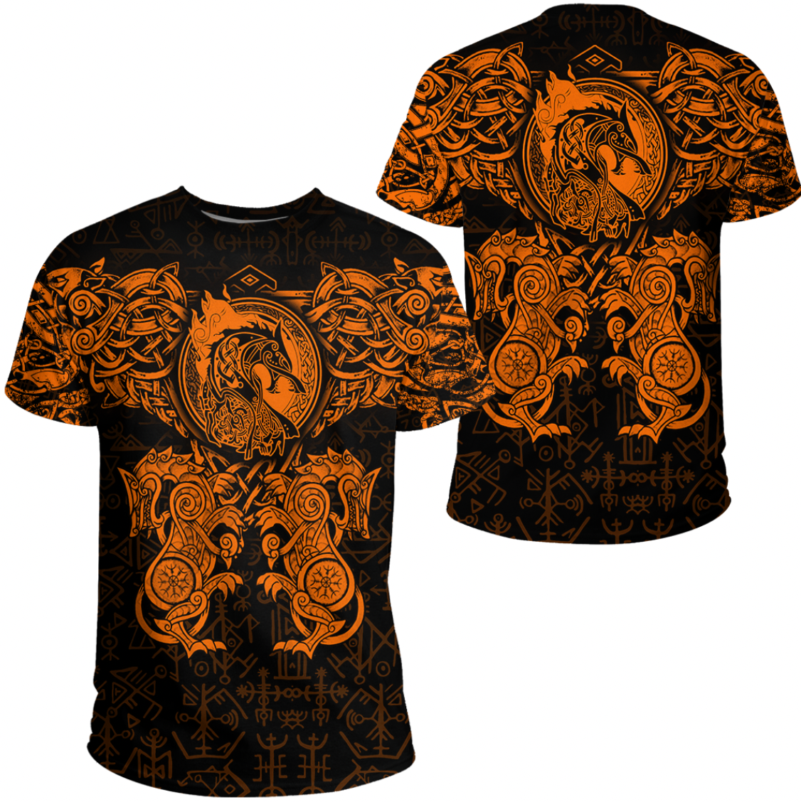 Viking Clothing Viking Dragon and Wolf Tattoo Orange T Shirt RLT12 - Wonder Print Shop