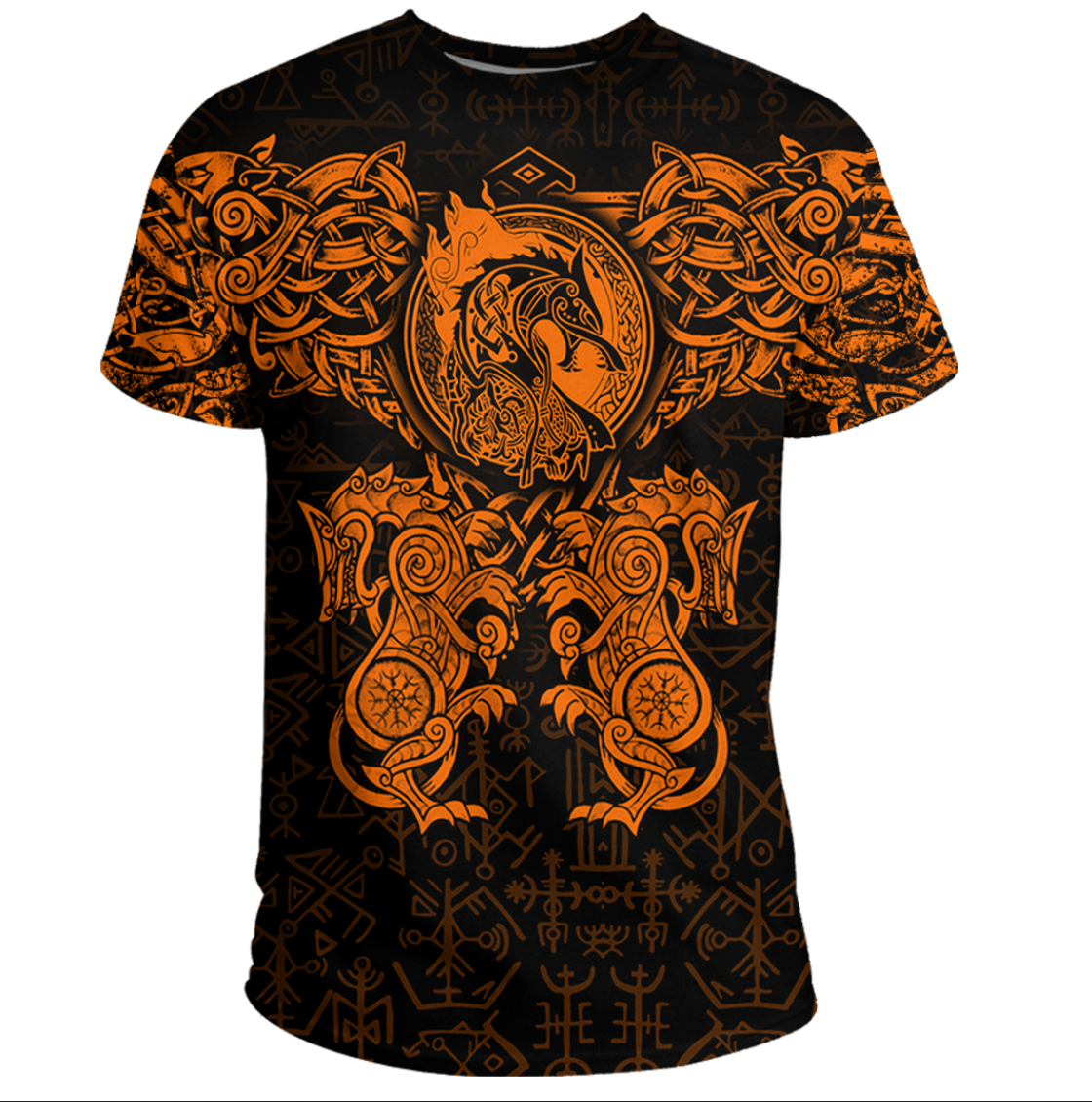 Viking Clothing Viking Dragon and Wolf Tattoo Orange T Shirt RLT12 - Wonder Print Shop