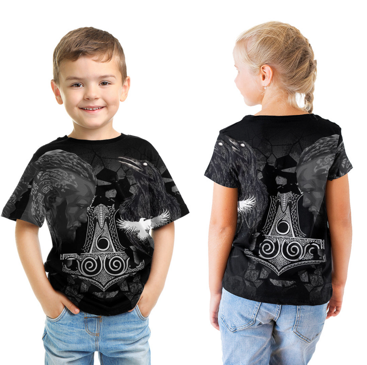Viking Ragnar and Raven Style Mjolnir T shirt Kid RLT12 - Wonder Print Shop