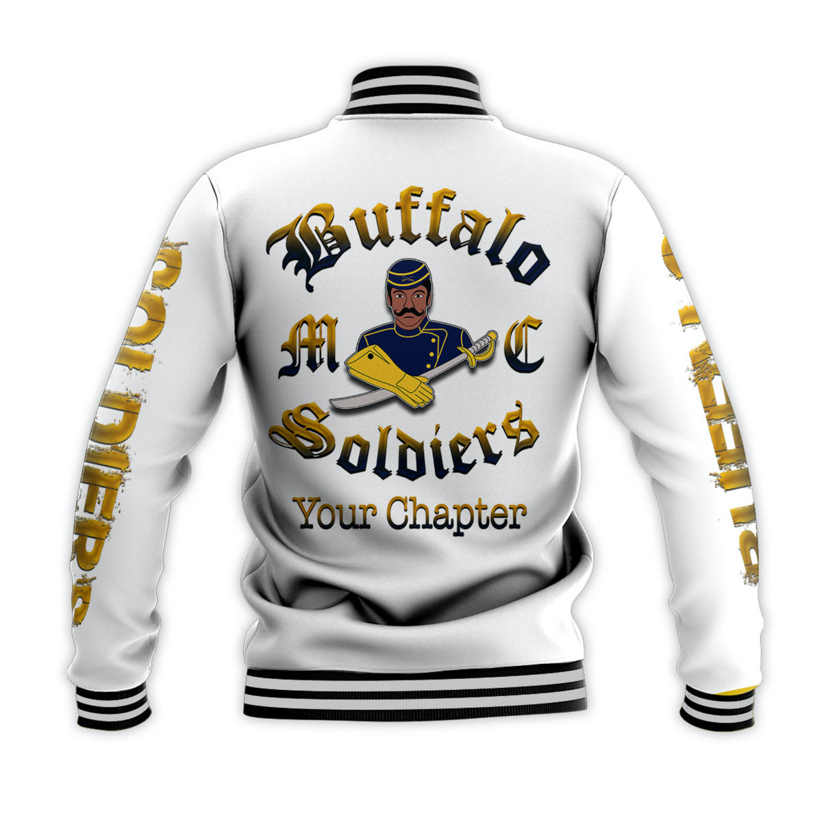 White unisex baseball jacket, back text and insignia graphic; striped ribbed hem