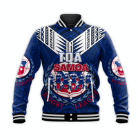 Blue rugby baseball jacket with white panel shoulders, ribbed cuffs, and red graphics