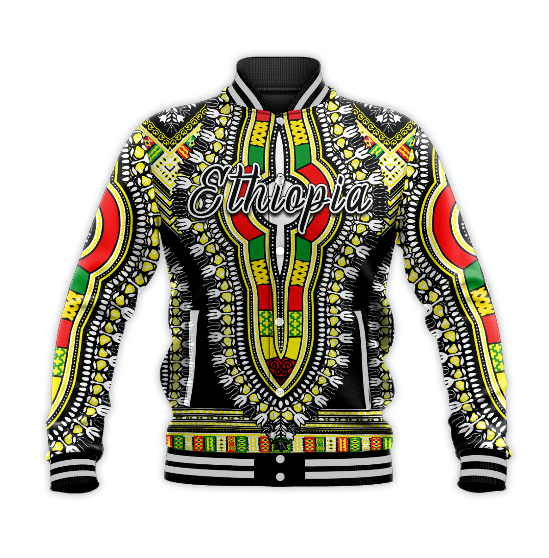 (Custom Personalised) Ethiopia Baseball Jacket Dashiki Black Style LT6 - Wonder Print Shop