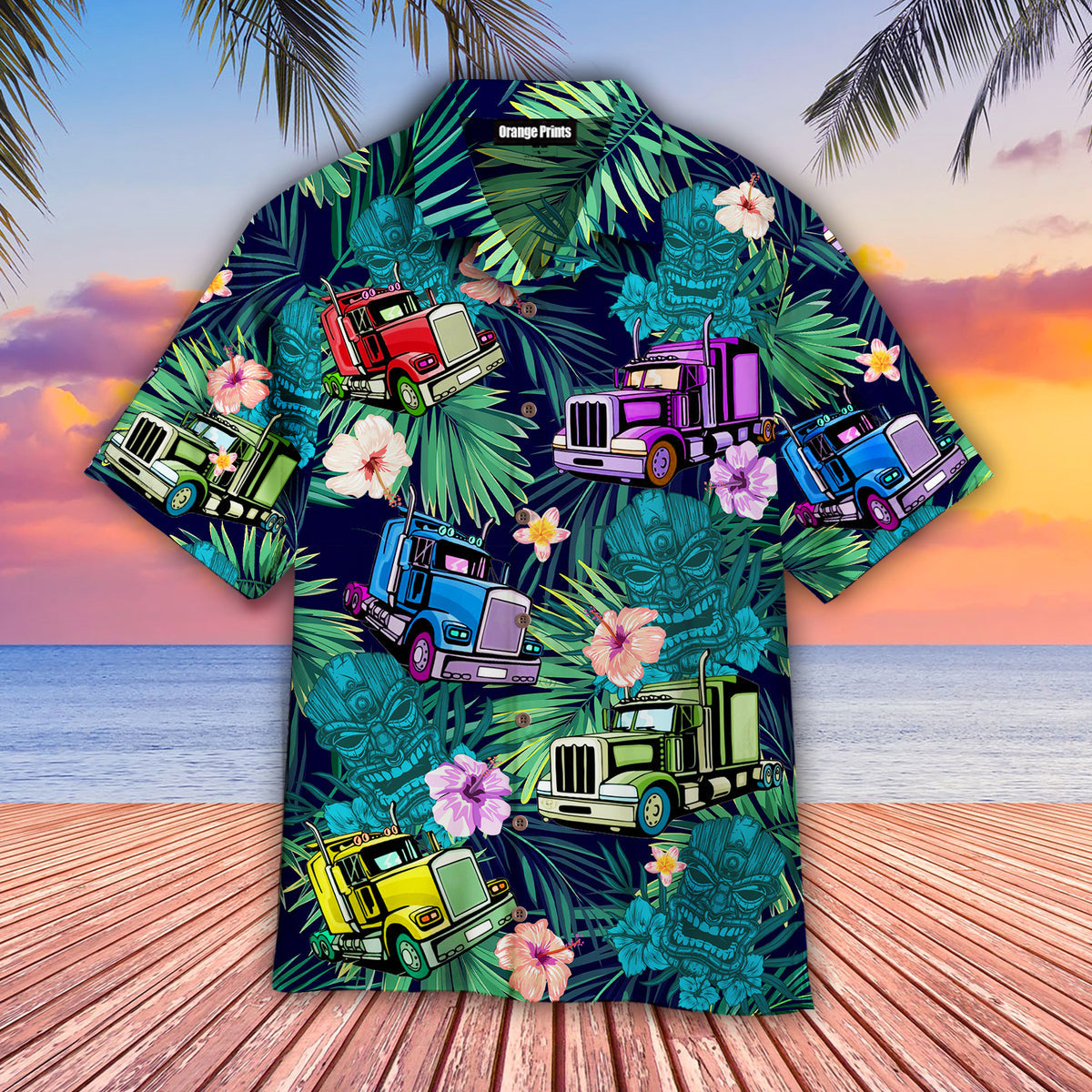 Semi Trailer Truck Tiki Tropical Hawaiian Shirt - Wonder Print Shop
