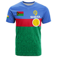 Light blue T-shirt with Shefa front flag print and green patterned lower band