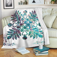 Shell white throw blanket with large teal and purple hibiscus floral pattern