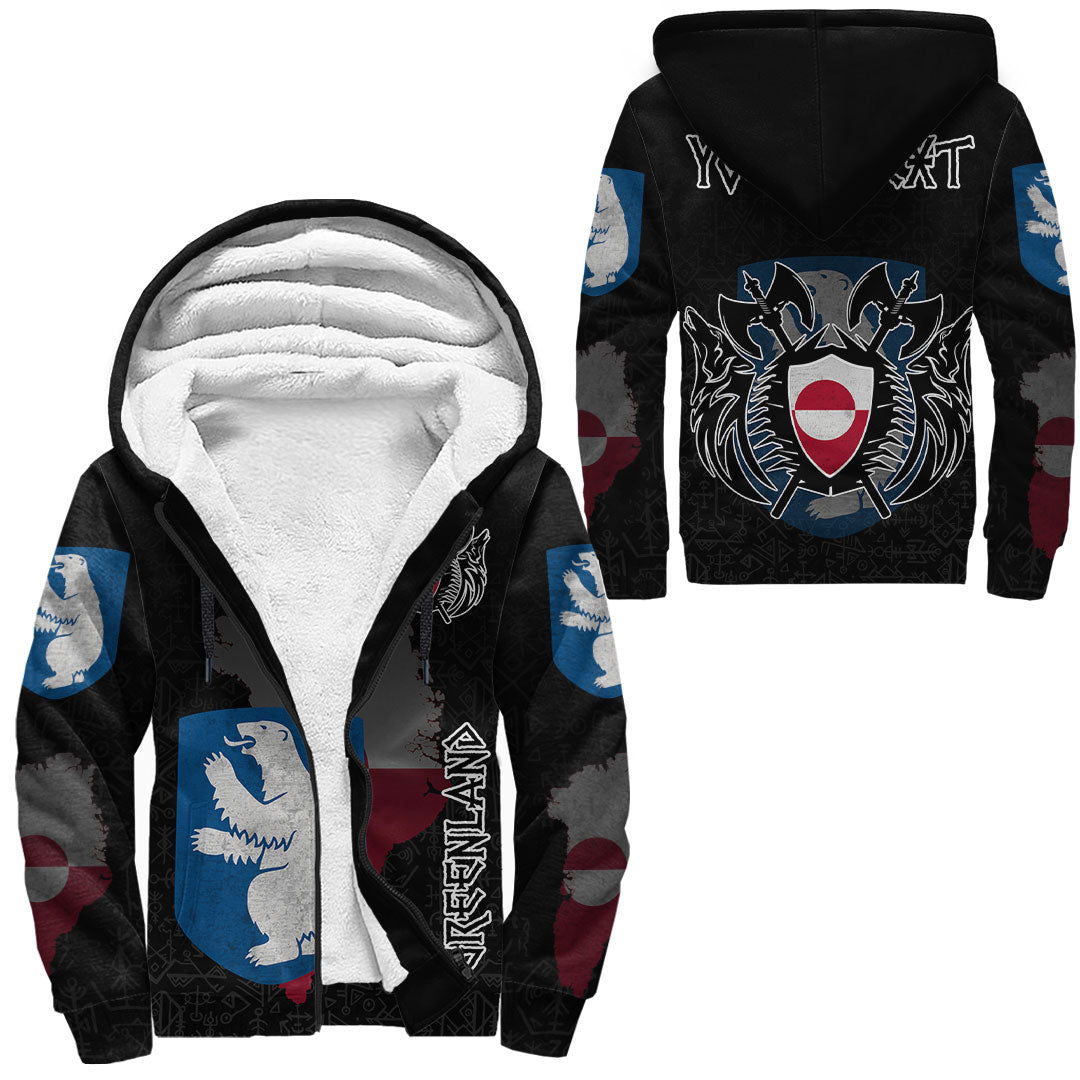 (Custom) Viking - Greenland Flag and Map Sherpa Hoodie style Viking Geri and Freki RLT12 - Wonder Print Shop