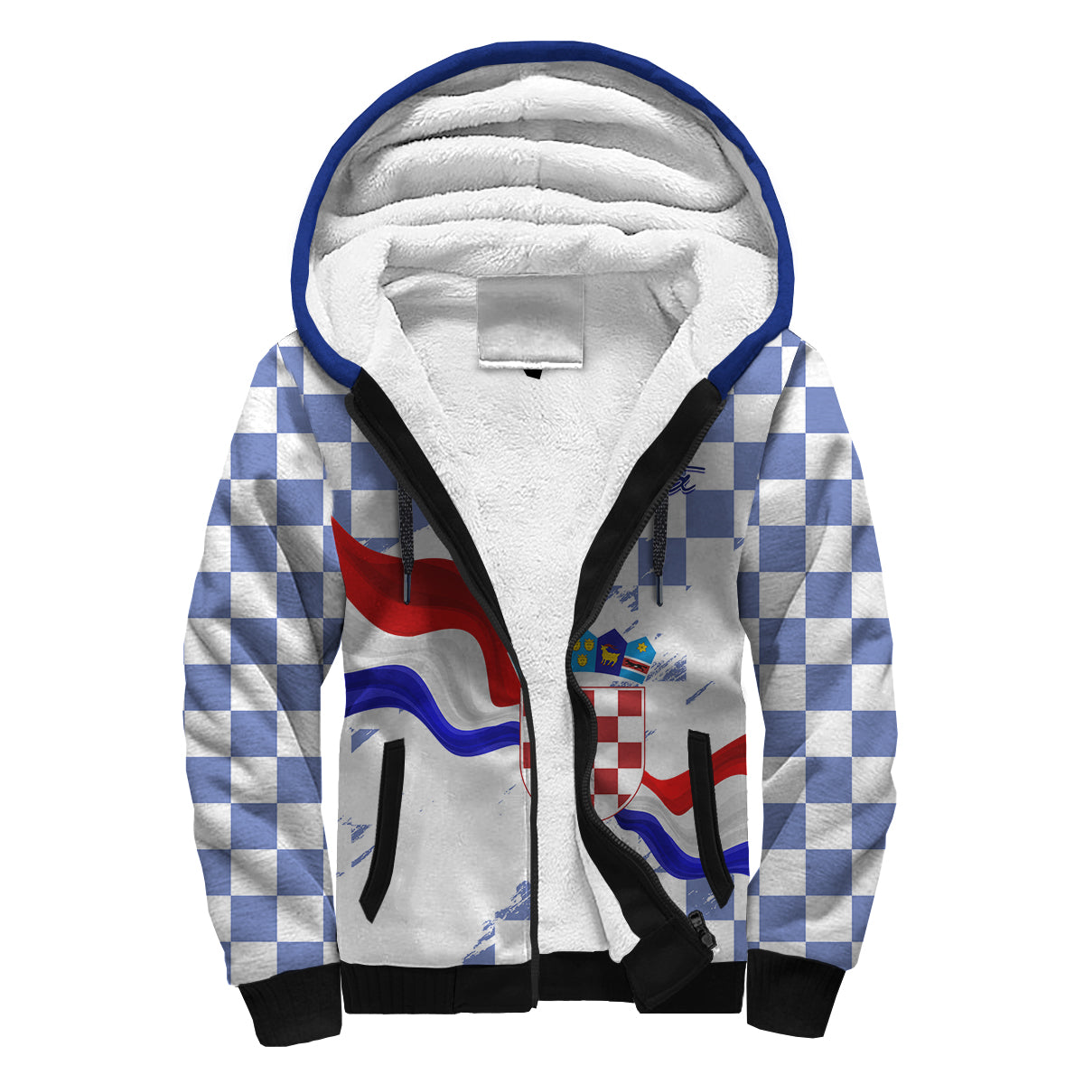 Croatia Sherpa Hoodie Checkerboard Grunge Style - Blue Color - Wonder Print Shop