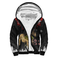 Black sherpa hoodie with white fleece-lined hood and front horse holiday print