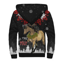 Black sherpa hoodie with large back horse graphic, snowflake and tree border