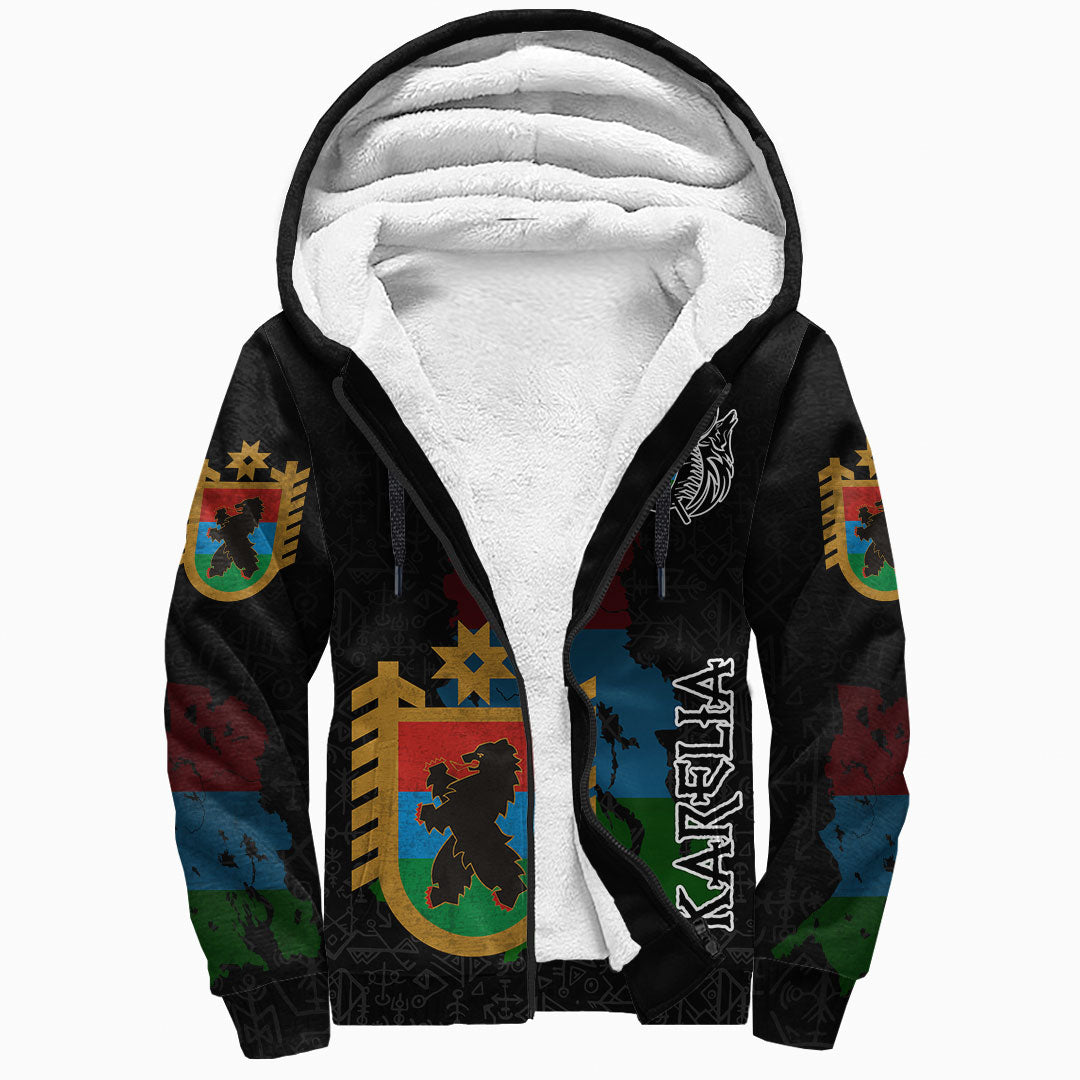 (Custom) Viking - Karelia Flag and Map Sherpa Hoodie style Viking Geri and Freki RLT12 - Wonder Print Shop