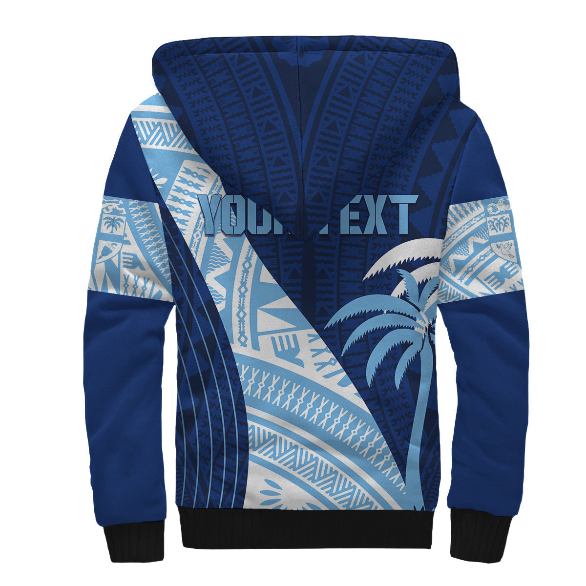 Back view blue sherpa hoodie with full tribal print and black hood lining