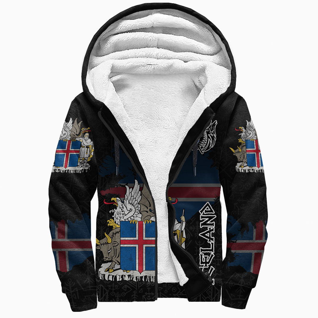 (Custom) Viking - Iceland Flag and Map Sherpa Hoodie style Viking Geri and Freki RLT12 - Wonder Print Shop