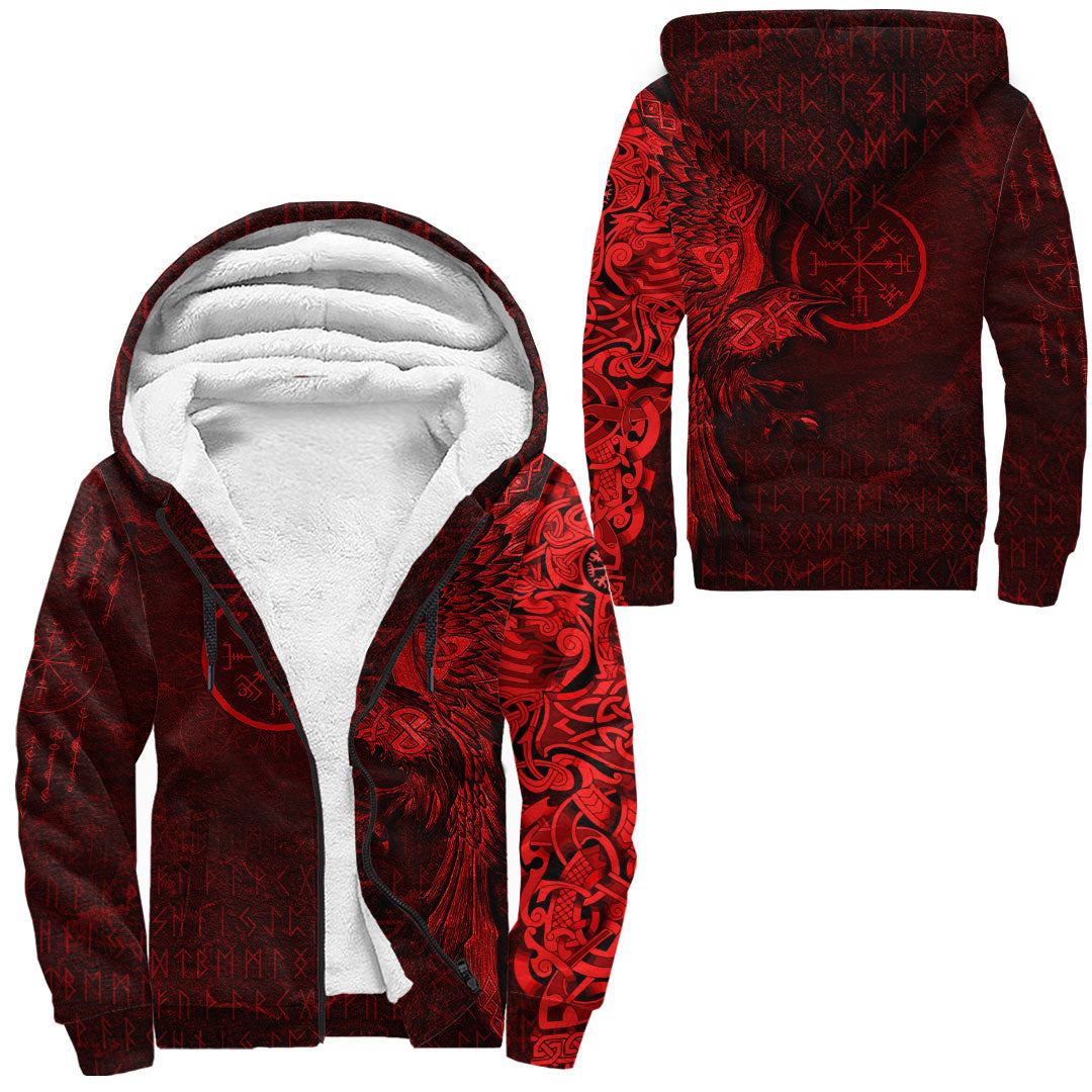 Viking Clothing Vegvisir With Raven Viking Compass Sherpa Hoodie Red Version RLT12 - Wonder Print Shop