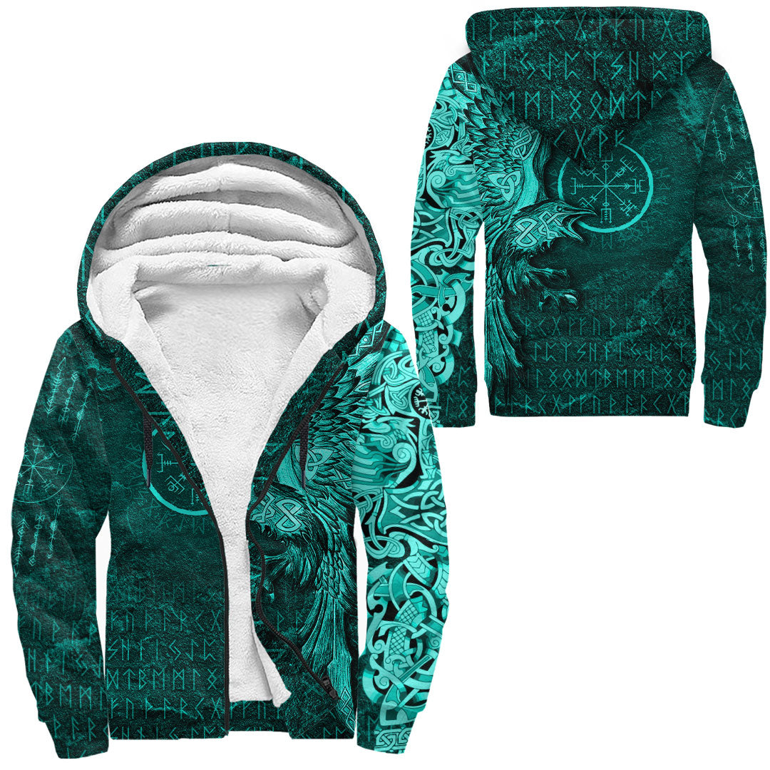 Viking Clothing Vegvisir With Raven Viking Compass Sherpa Hoodie Cyan Version RLT12 - Wonder Print Shop