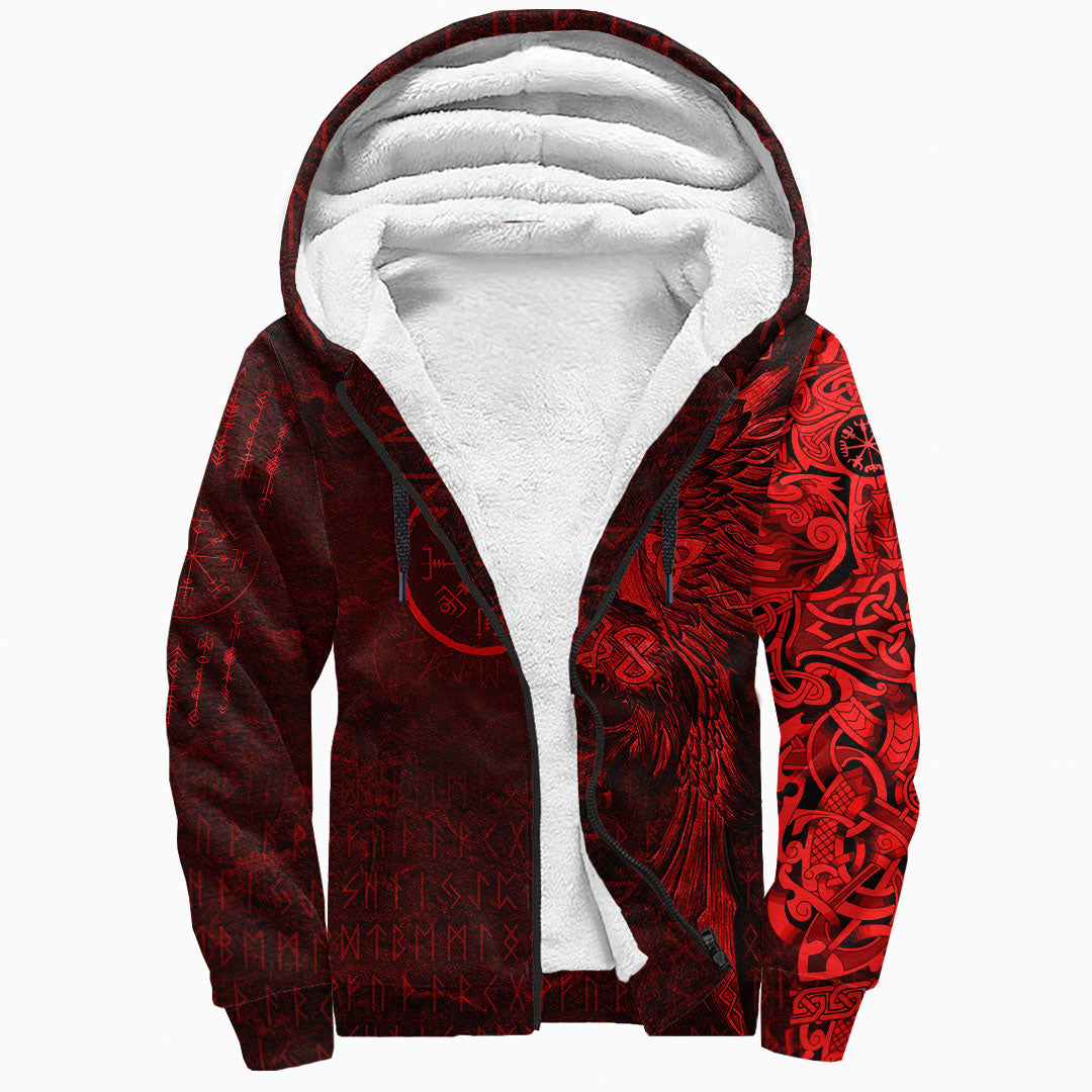 Viking Clothing Vegvisir With Raven Viking Compass Sherpa Hoodie Red Version RLT12 - Wonder Print Shop