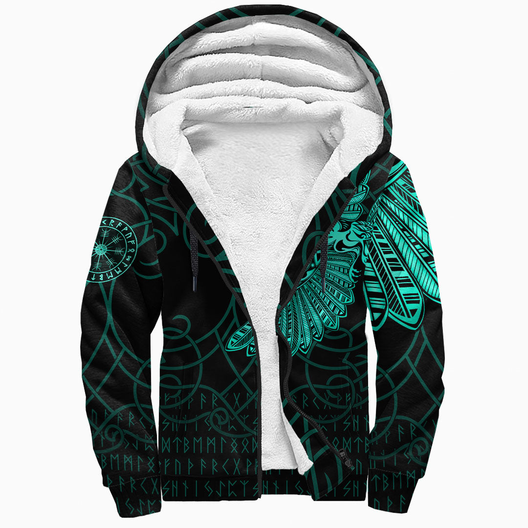 Viking Clothing Viking Odins Raven Tattoo Cyan Version Sherpa Hoodie RLT12 - Wonder Print Shop