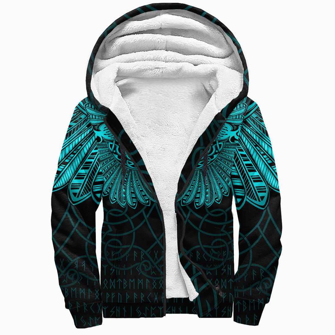Viking Clothing Viking Odin's Celtic Two Ravens Cyan Version Sherpa Hoodie RLT12 - Wonder Print Shop