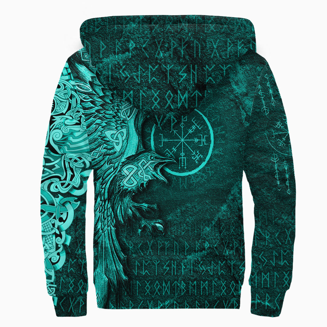 Viking Clothing Vegvisir With Raven Viking Compass Sherpa Hoodie Cyan Version RLT12 - Wonder Print Shop