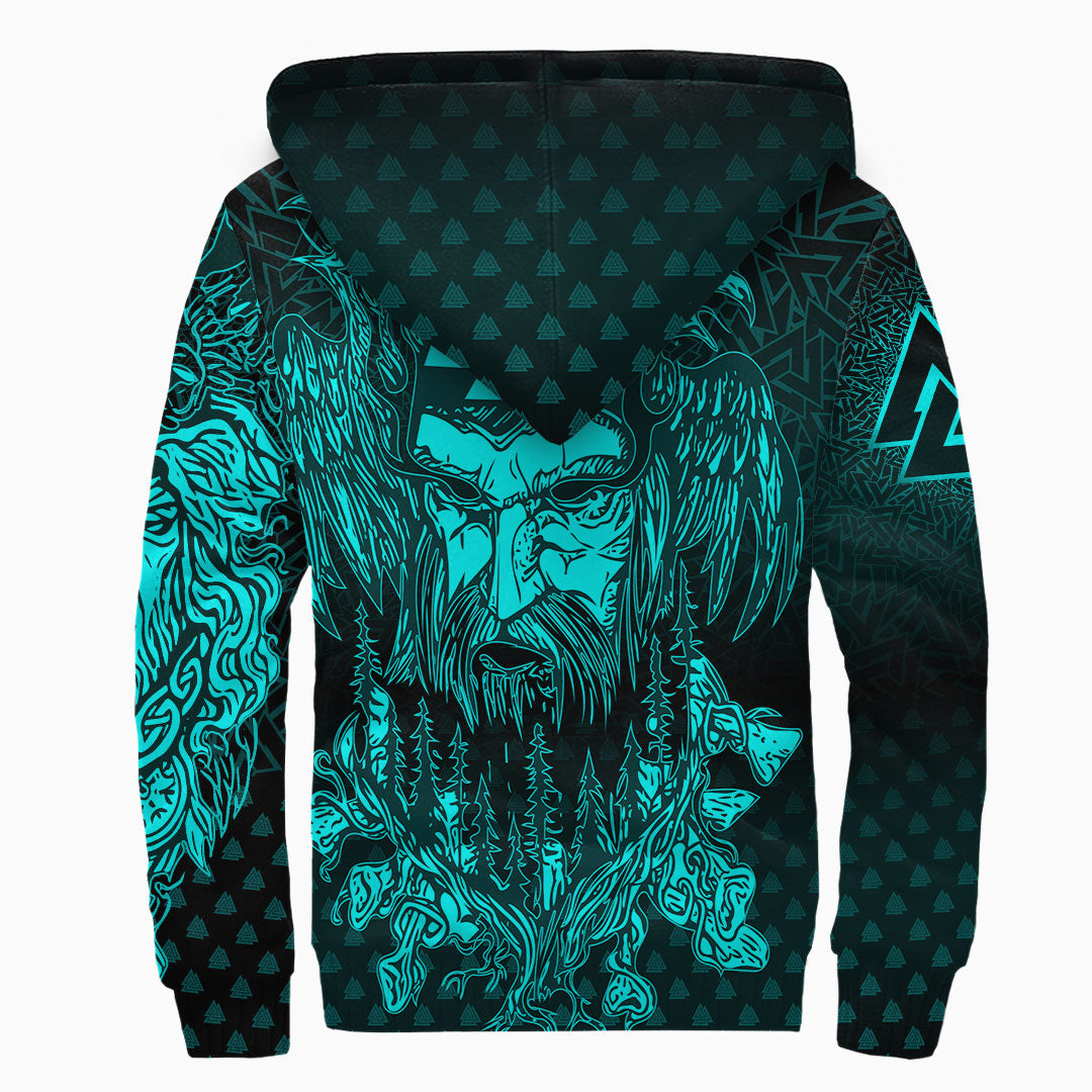 Viking Clothing Viking Odin Raven Tattoo Style Cyan Version Raglan Sherpa Hoodie RLT12 - Wonder Print Shop