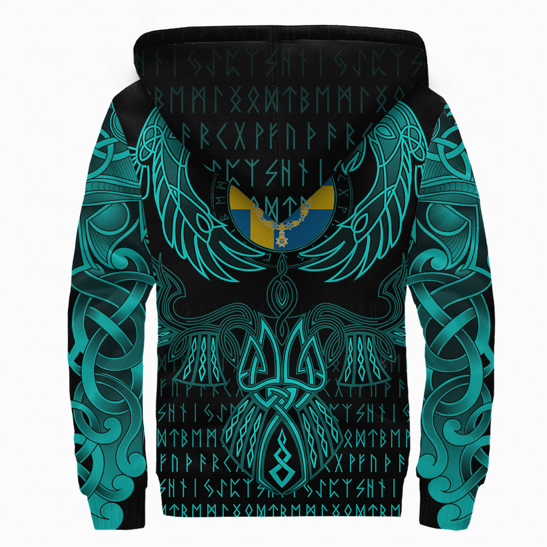 Viking Sweden Sherpa Hoodie Valknut of Odin Cyan RLT12 - Wonder Print Shop