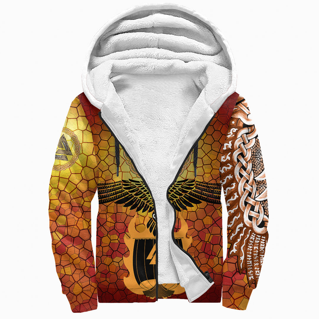Viking Sherpa Hoodie - Raven Of Odin and Drakkar On Fire On Vignette Gold Valknut RLT12 - Wonder Print Shop