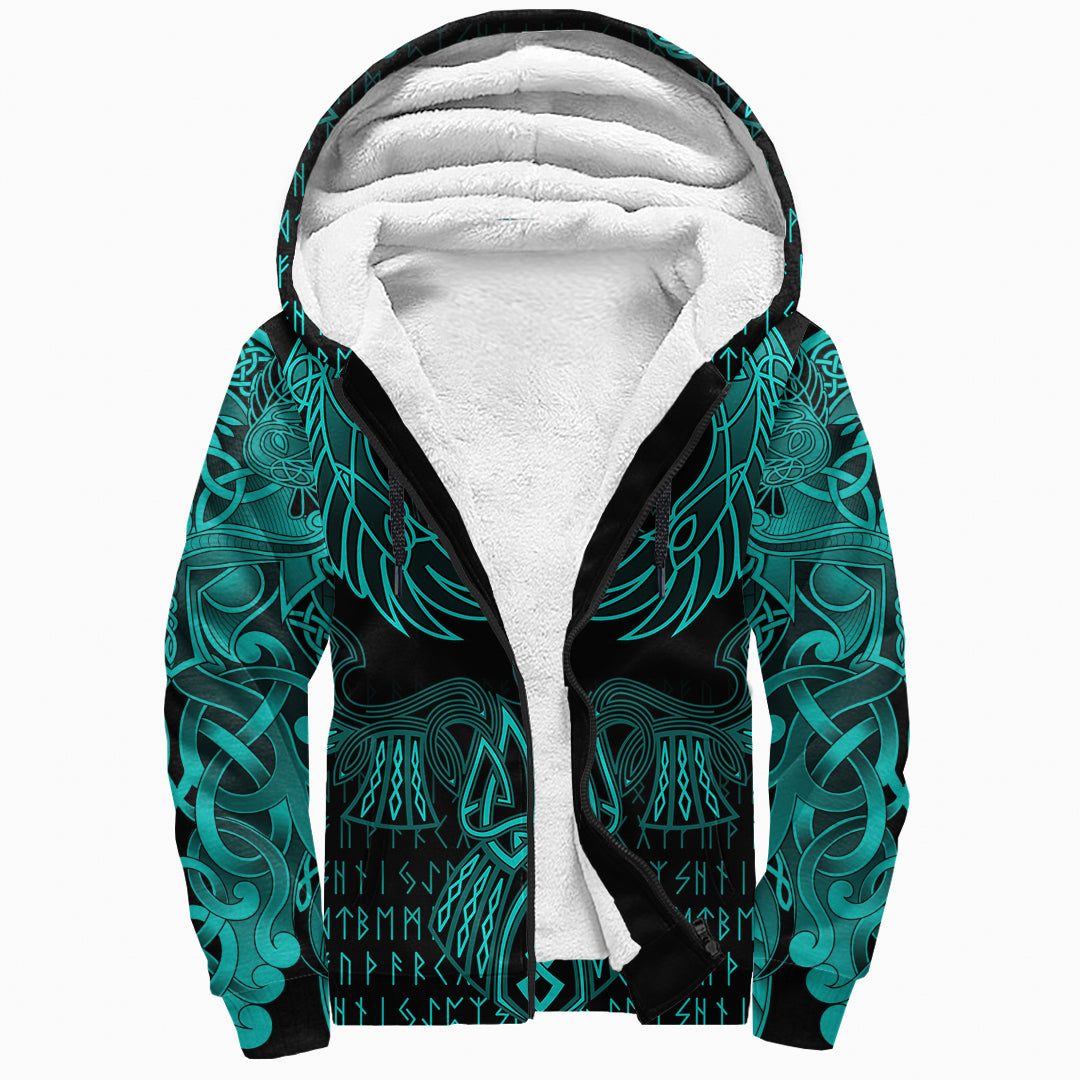 Viking Norway Sherpa Hoodie Valknut of Odin Cyan RLT12 - Wonder Print Shop
