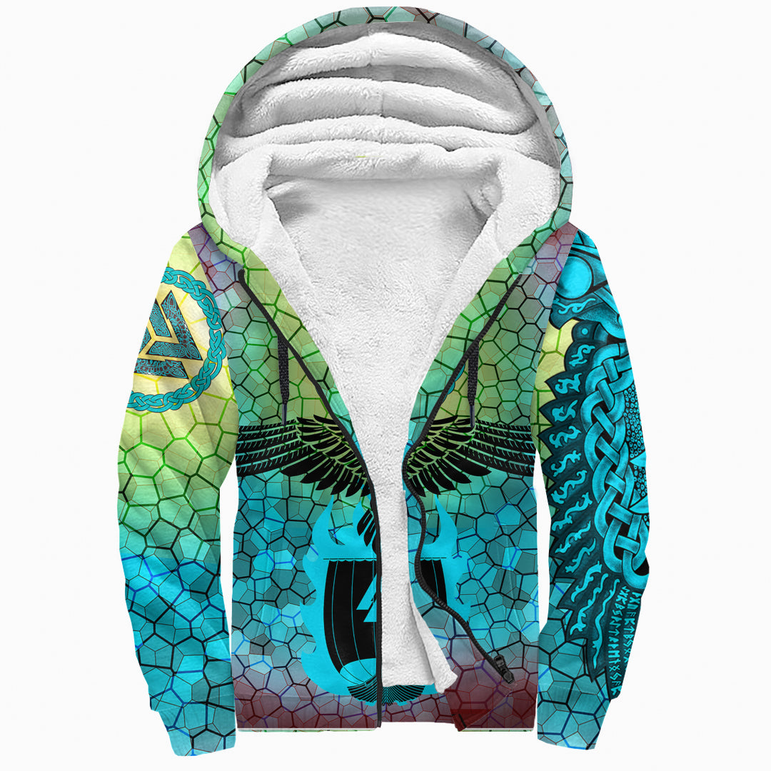 Viking Sherpa Hoodie - Raven Of Odin and Drakkar On Fire On Vignette Cyan Valknut RLT12 - Wonder Print Shop