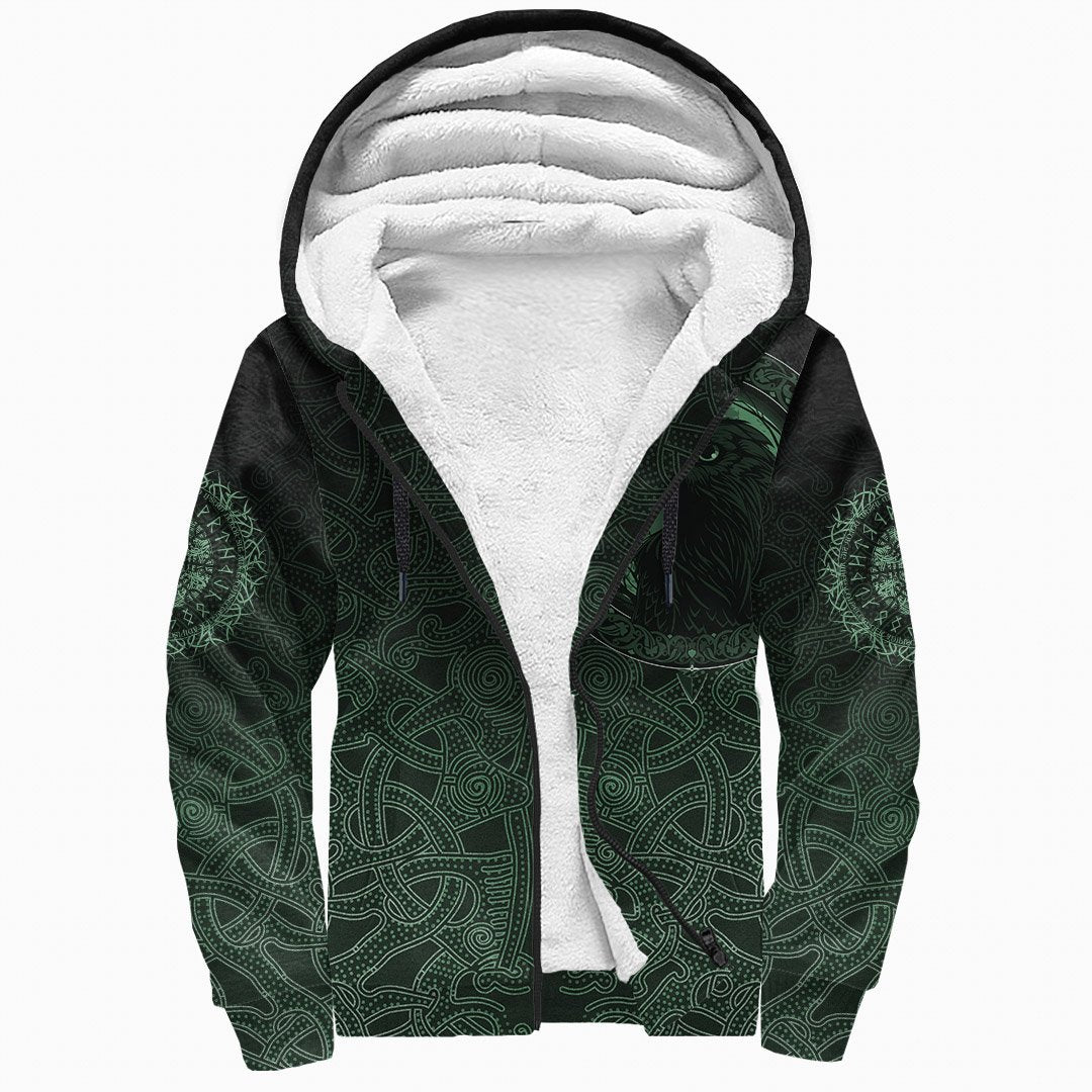 Viking Sherpa Hoodie, Ethnic Odin Raven Green RLT12 - Wonder Print Shop