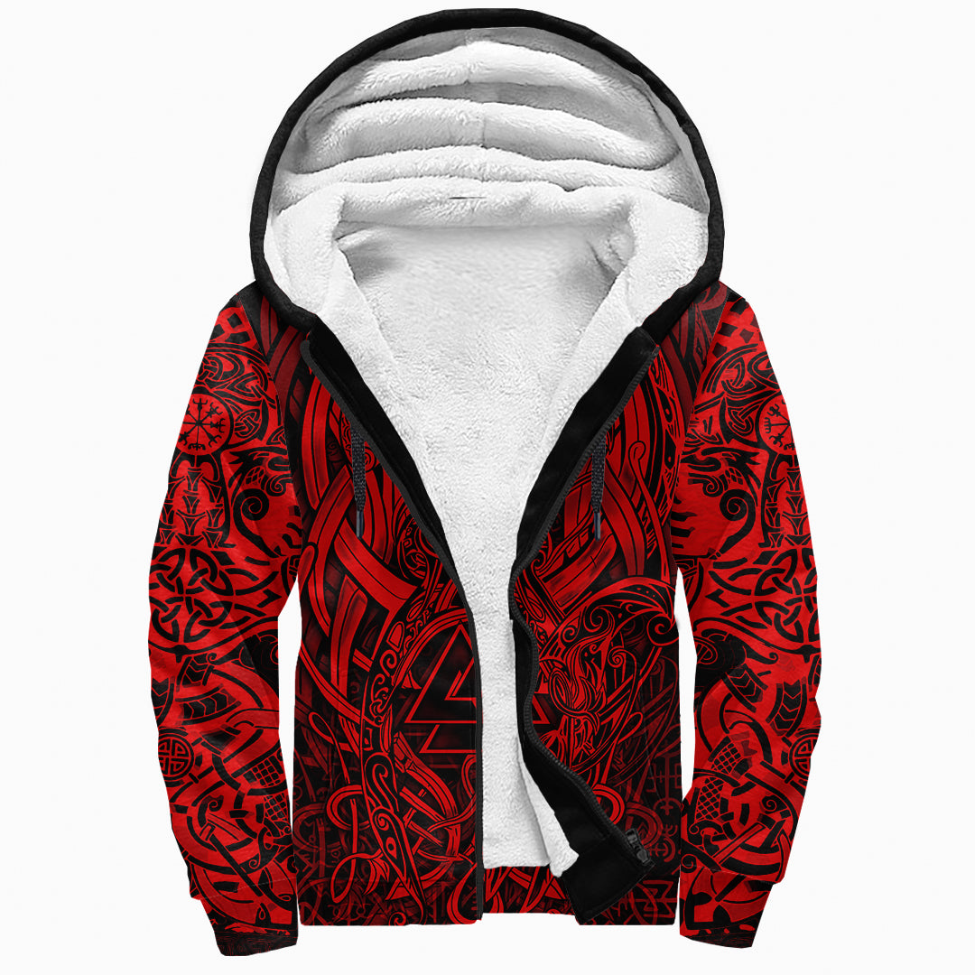 Viking Sherpa Hoodie - Valknut and Dragon Tattoo Red RLT12 - Wonder Print Shop