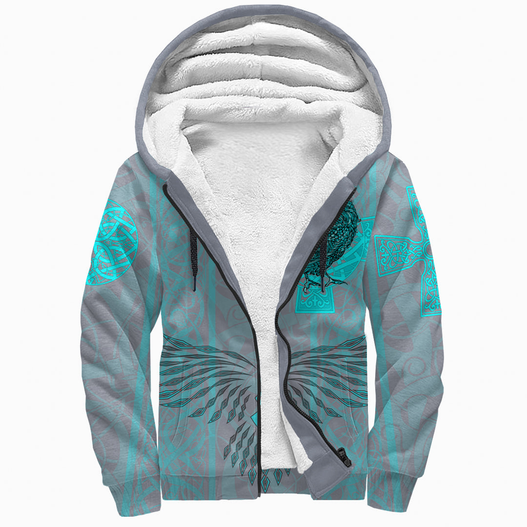 Viking Sherpa Hoodie Odin's Celtic Raven - Scandinavian Tattoo Style Cyan RLT12 - Wonder Print Shop