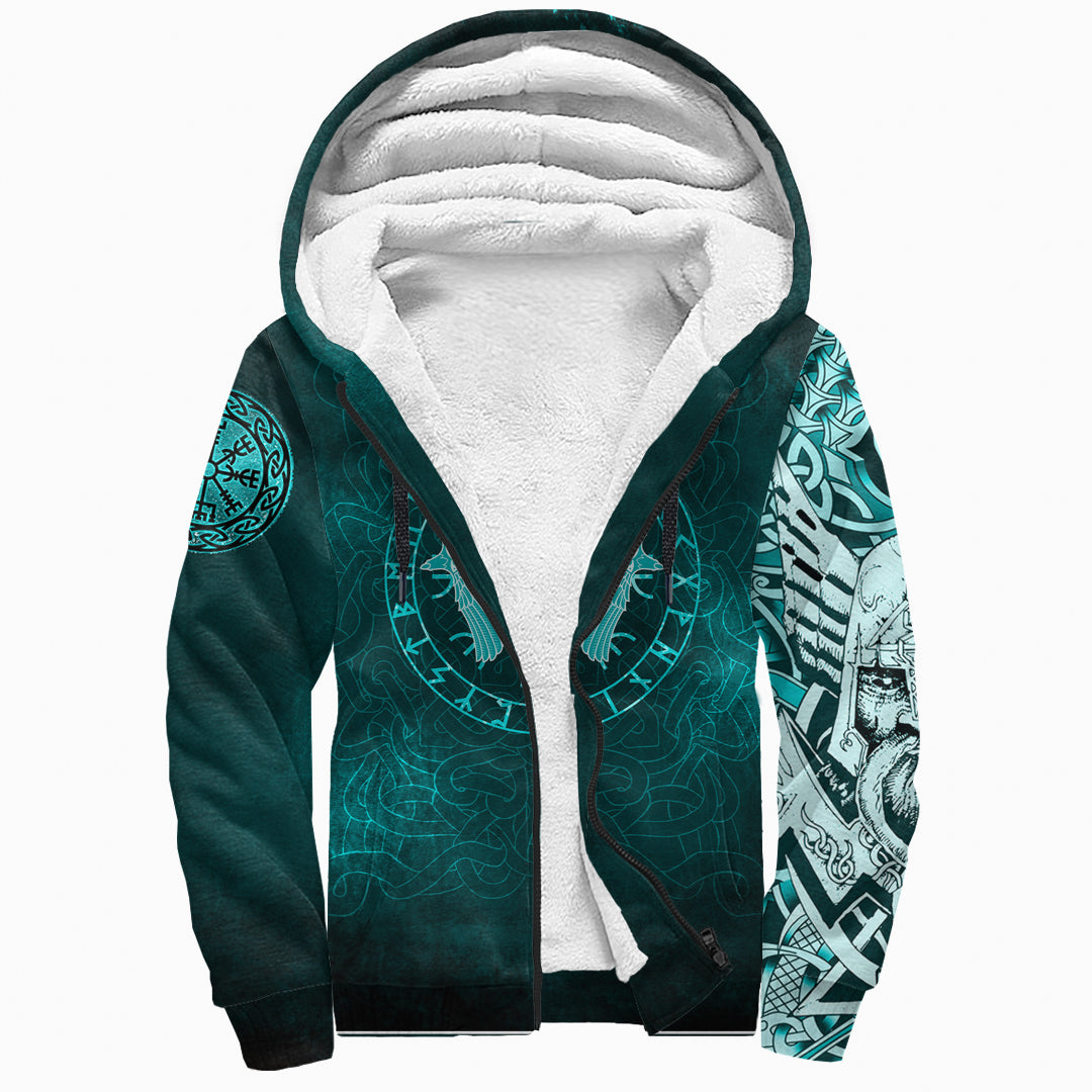Viking Sherpa Hoodie - Cyan Spear Of The God Odin - Gungnir and Two Cyan Ravens Style RLT12 - Wonder Print Shop