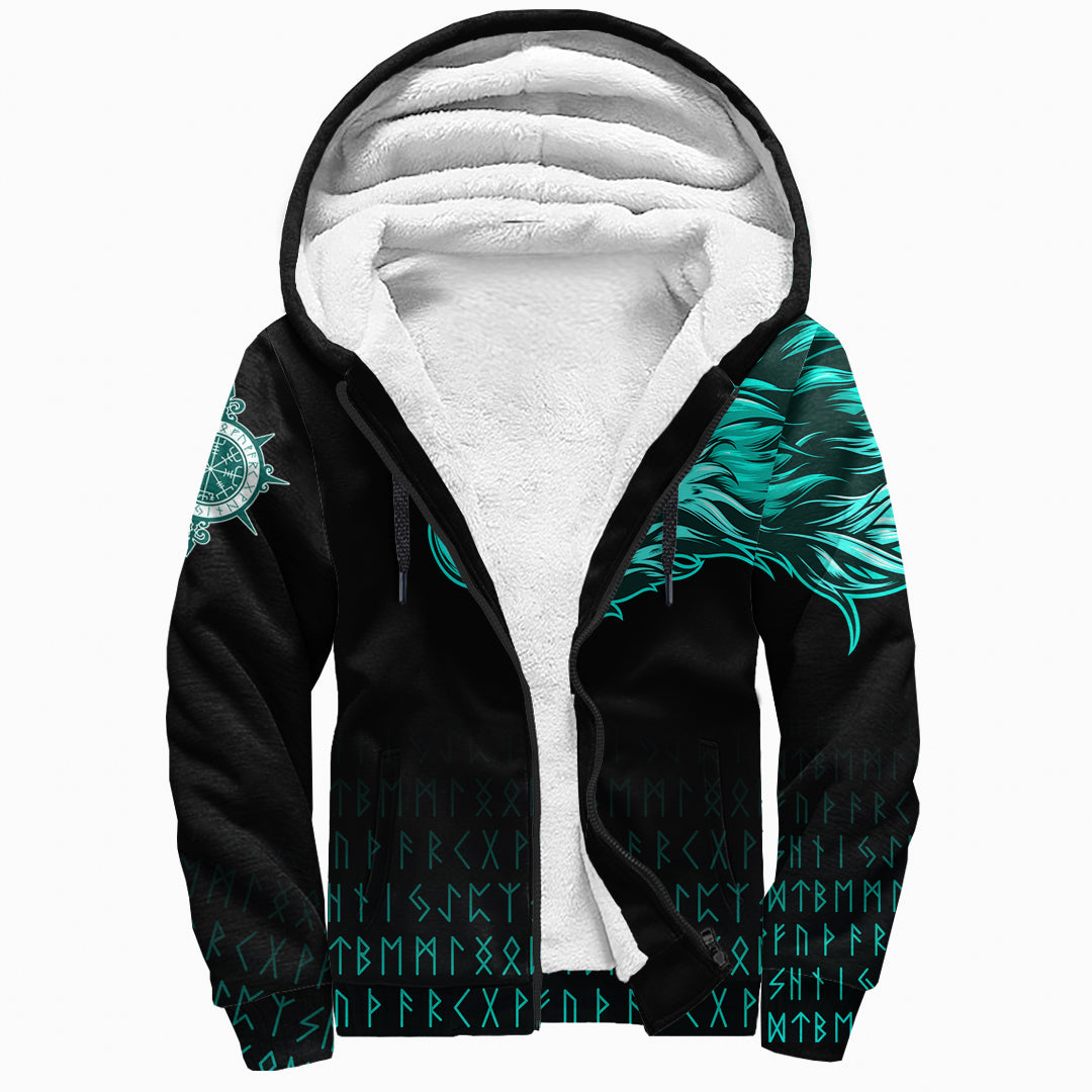 Viking Sherpa Hoodie Fenrir Wolf Cyan Near Shoulder RLT12 - Wonder Print Shop