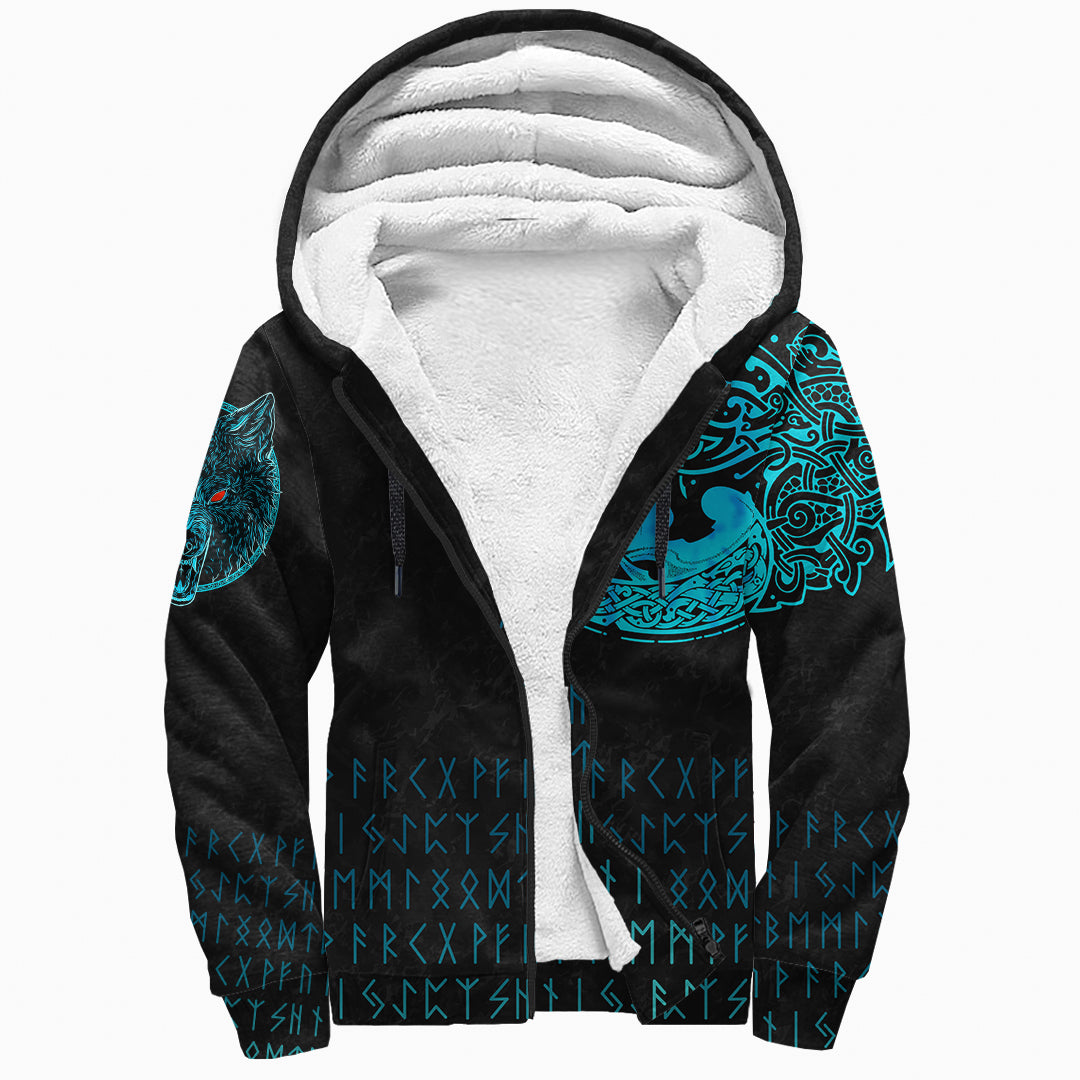 Viking Sherpa Hoodie - Fenrir Wolf Cyan RLT12 - Wonder Print Shop