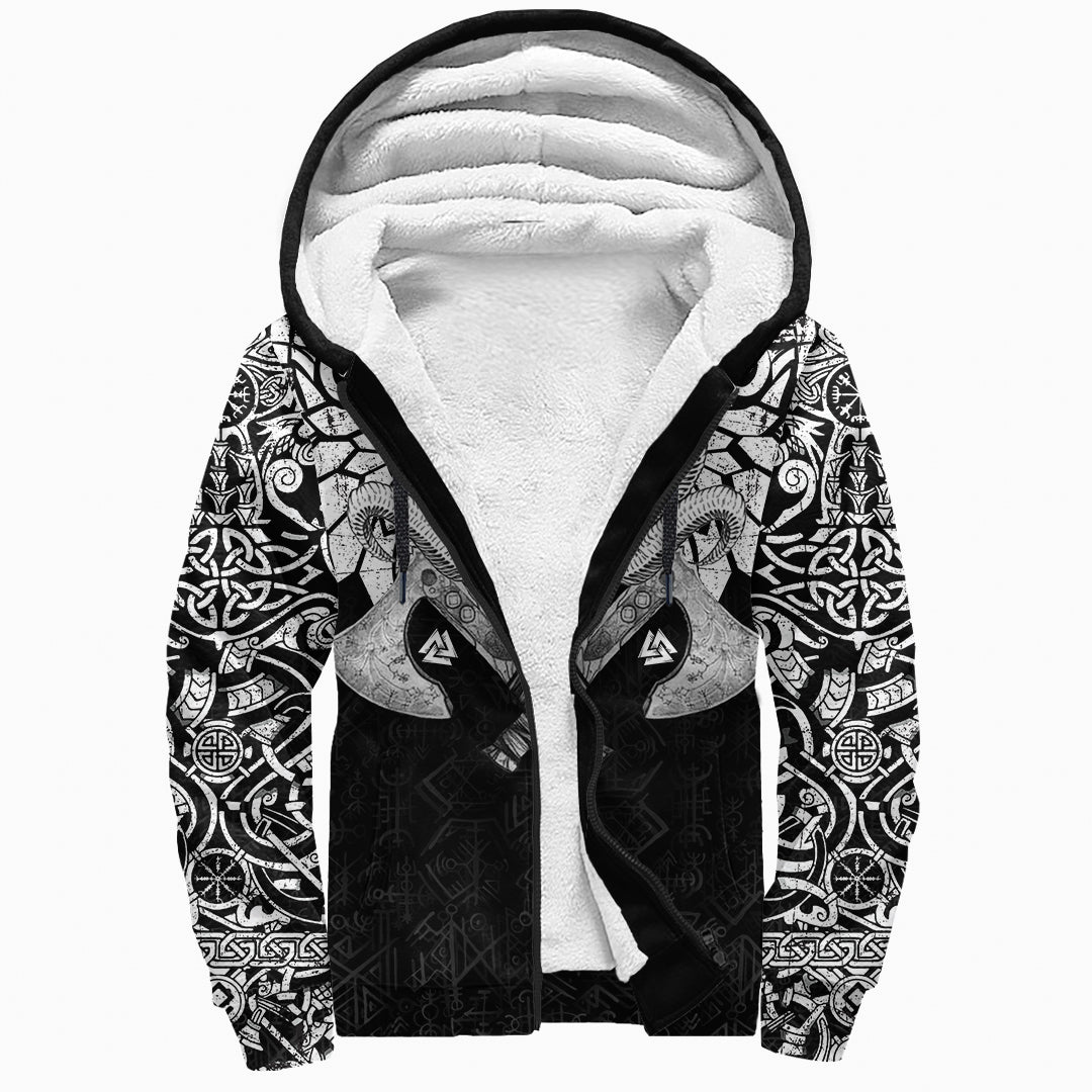 Viking Ram Skull Tattoo With Vegvisir and Valknut Sherpa Hoodie RLT12 - Wonder Print Shop