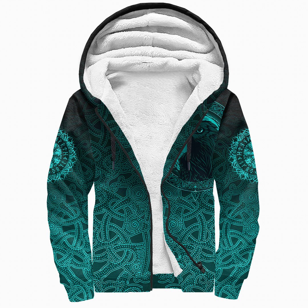 Viking Sherpa Hoodie, Ethnic Odin Raven Cyan RLT12 - Wonder Print Shop