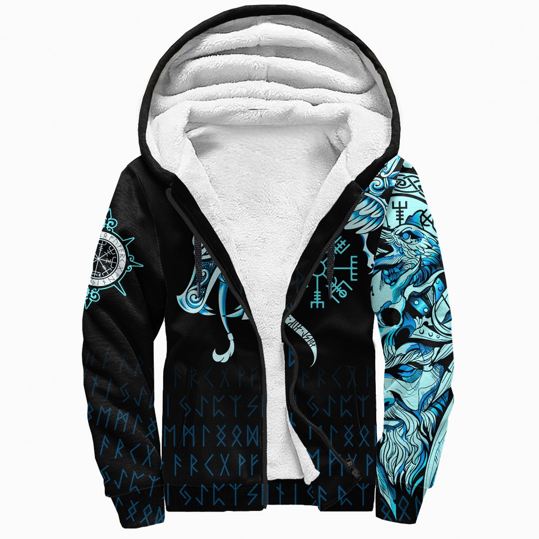 Viking Sherpa Hoodie, Fenrir Raven and Vegvisir Tattoo Cyan RLT12 - Wonder Print Shop