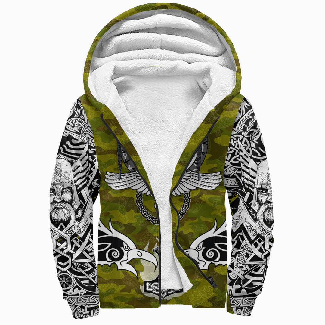 Viking Sherpa Hoodie Raven Of Odin and Symbol Viking On Camo Background RLT12 - Wonder Print Shop