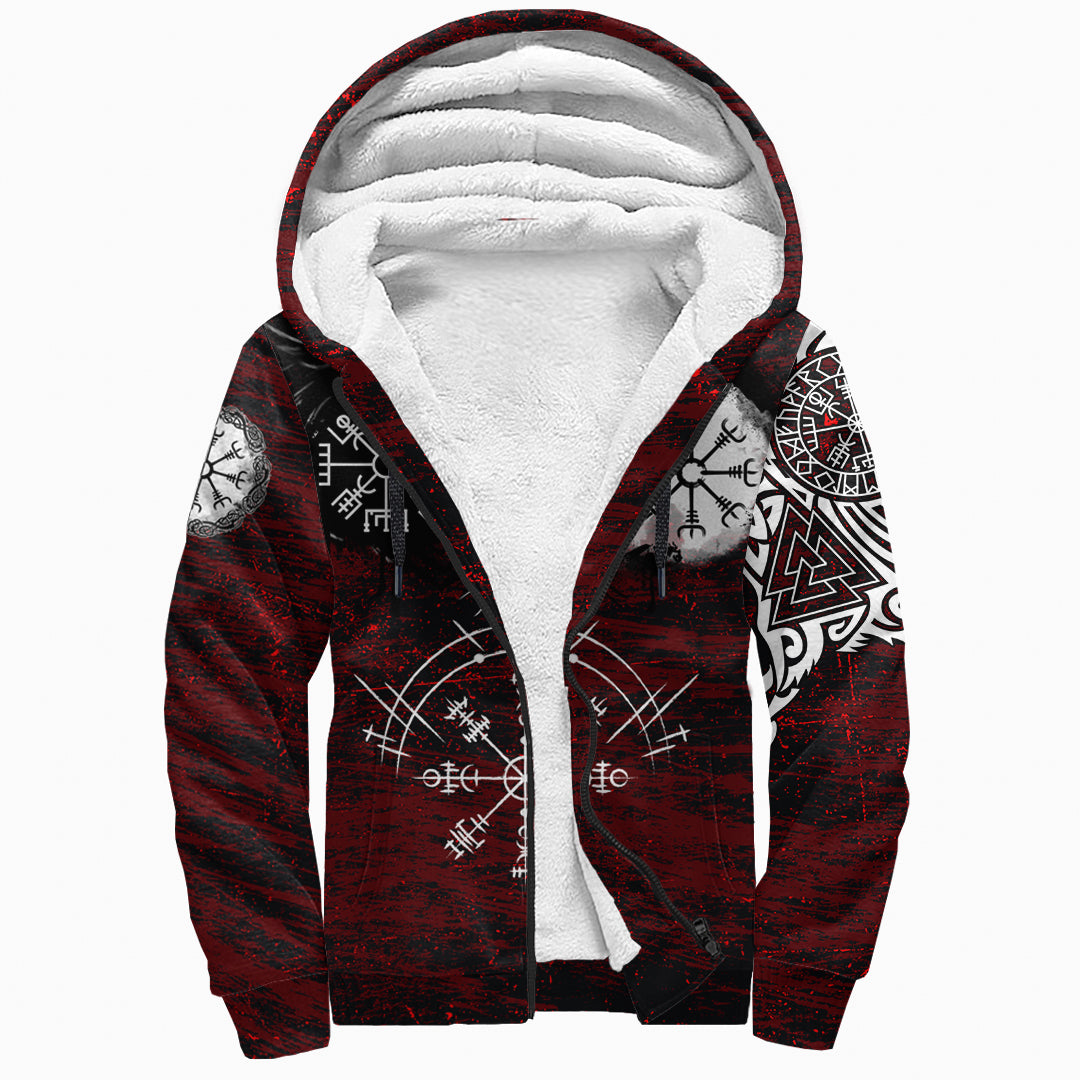 Viking Sherpa Hoodie Raven Of Odin and Symbol Viking On Blood Background RLT12 - Wonder Print Shop