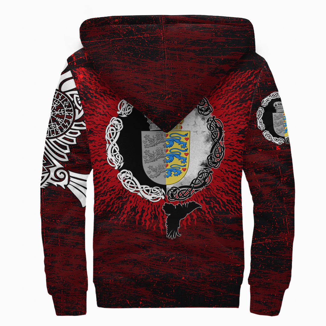 Viking Sherpa Hoodie - Denmark Raven Of Odin and Symbol Viking On Blood Background RLT12 - Wonder Print Shop