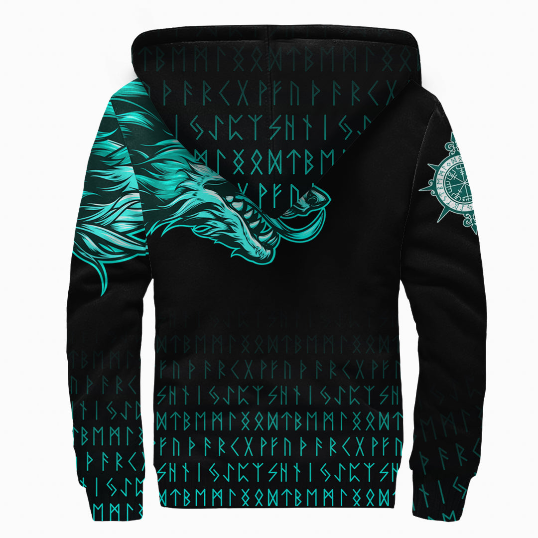 (Custom) Viking Sherpa Hoodie Fenrir Wolf Cyan Near Shoulder RLT12 - Wonder Print Shop