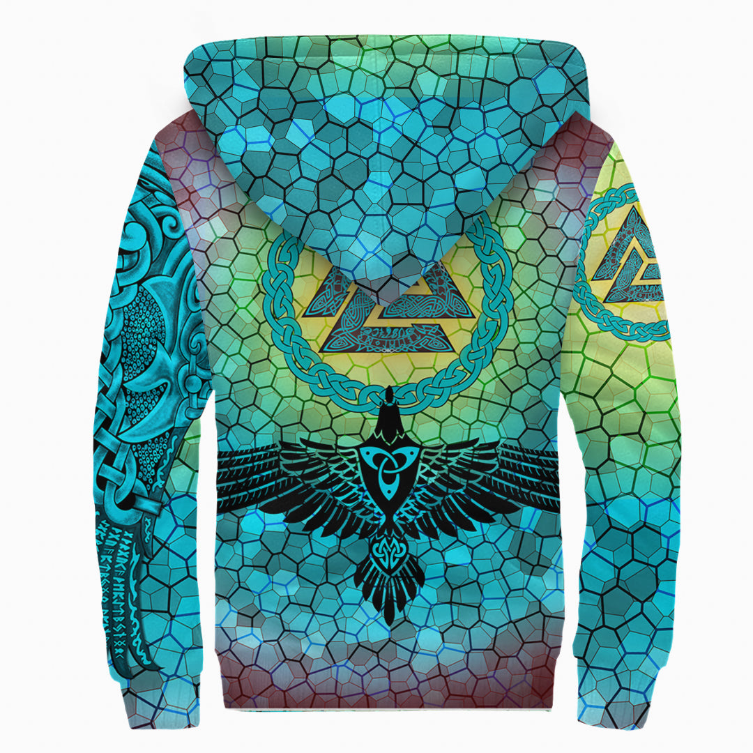 Viking Sherpa Hoodie - Raven Of Odin and Drakkar On Fire On Vignette Cyan Valknut RLT12 - Wonder Print Shop