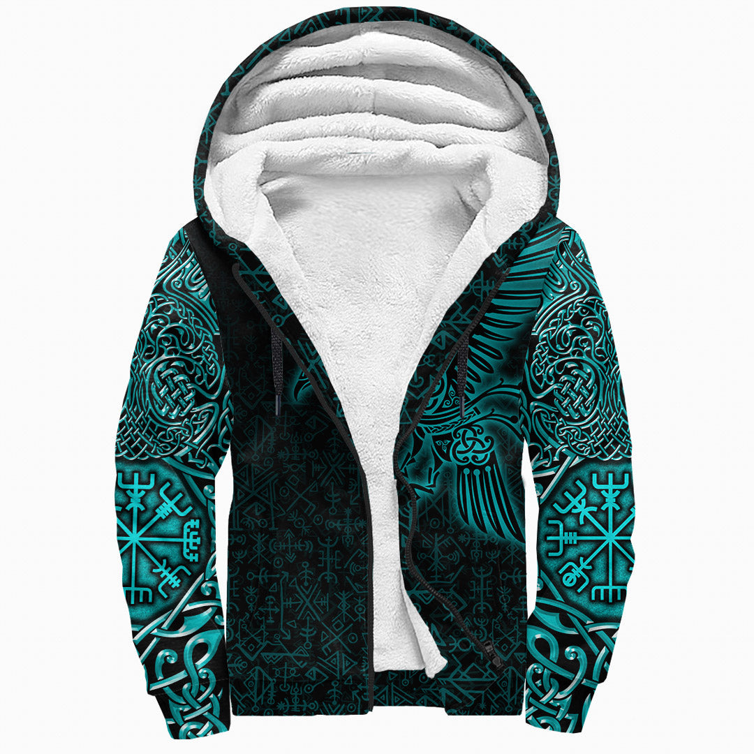 Viking Sherpa Hoodie Raven Mjolnir Yggdrasil Cyan RLT12 - Wonder Print Shop